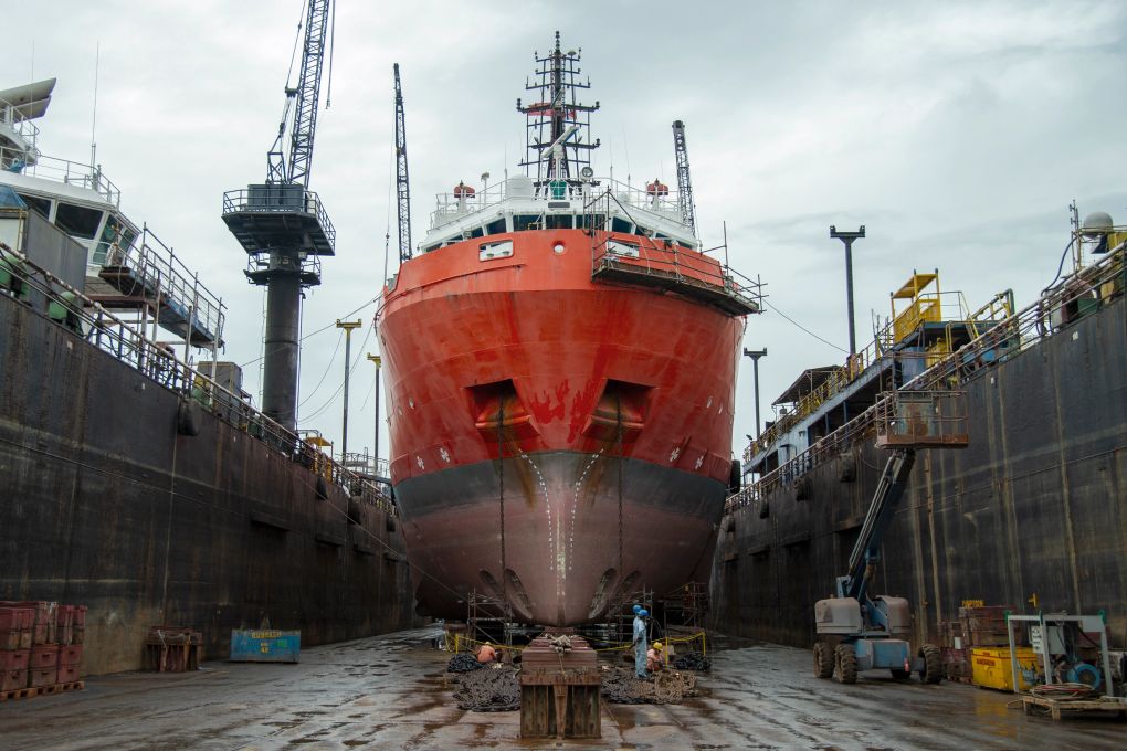 Vessel hauled out in dry dock on the Puget Sound for hull welding