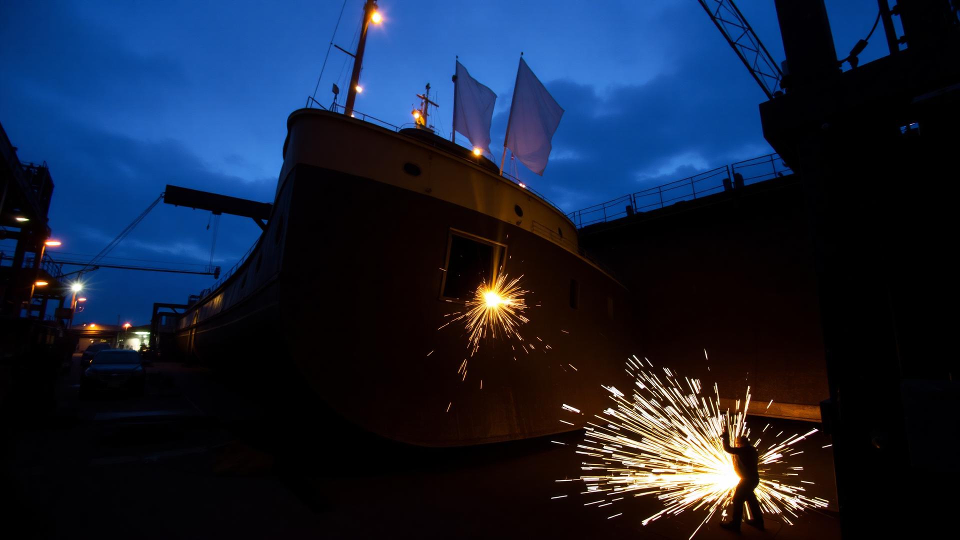 Working vessel in dry dock at dusk with welding sparks